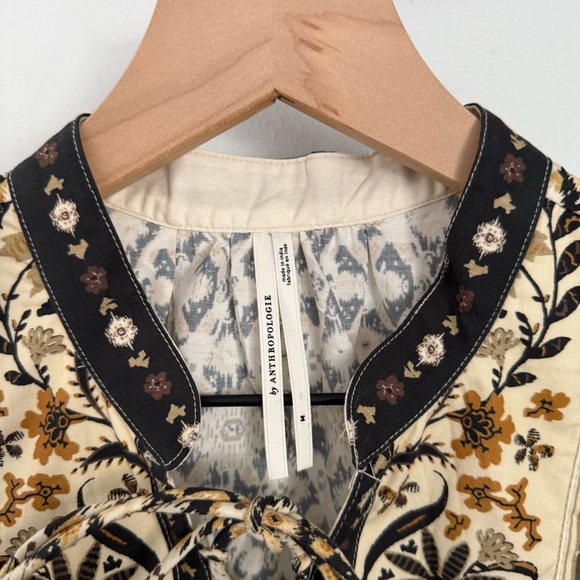 Anthropologie Medium Pleated Puff Sleeve Blouse Beige Boho Cottage Peasant - Picture 4 of 9